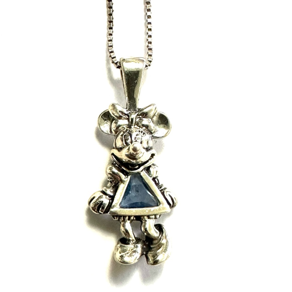 Disney Minnie Mouse 925 Silver Blue Crystal Stone Charm with boxchain Necklace